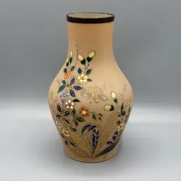 Antique Blown Glass Clam broth Vase With Hand Painted Florals And Butterfly Insect Tan Brown