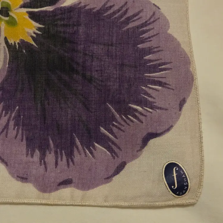 Franshaw Handkerchief Rolled Edge with Tag Purple Yellow Pansies Vintage 13½"×13½"