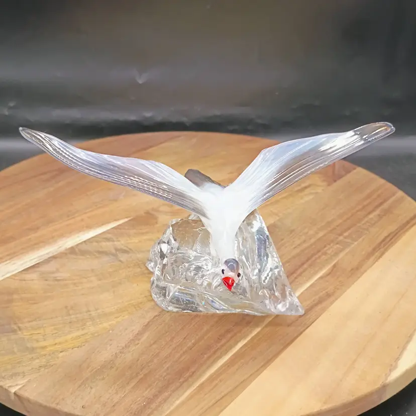 Seagull Art Glass Figurine Flying Seagull Opalescent Glass Sculpture  Cut Glass Base .