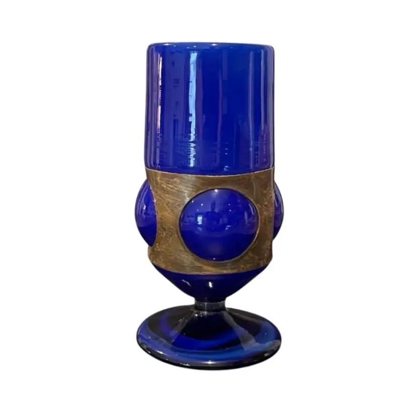 Felipe Derflingher Metal Caged Bubble Glass Goblet Cobalt Blue Brutalist MCM VTG