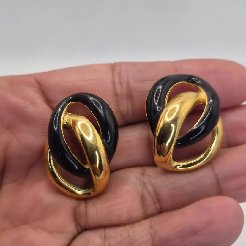 Napier Vintage Goldtone & Black Screwback Earrings