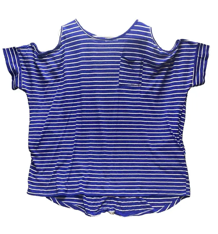 UMGEE USA Shirt Womens 2XL Blue Striped Lace Trim Oversized Cold Shoulder Casual