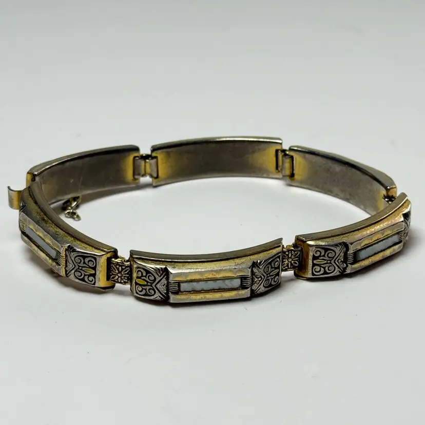 Vtg 7" Damascene Link Bracelet Moonglow Lucite Panel Gold Tone Victorian Revival