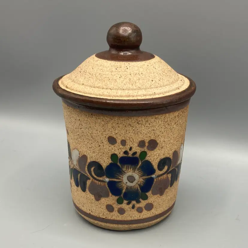 Tonala Flower Design Pottery Lidded Jar - Signed