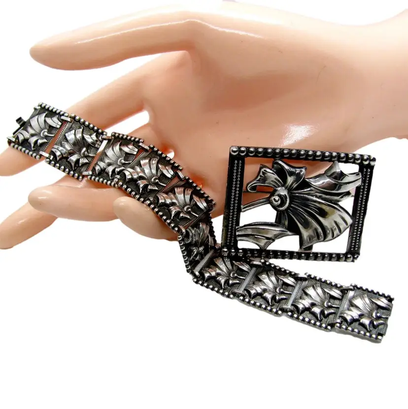 Antique Art Deco Sterling Repousse Panel Bracelet & Matching Pin