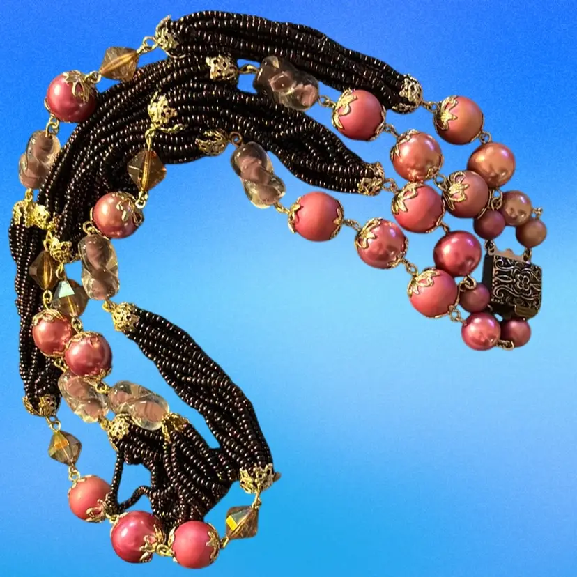 Vintage JAPAN Silver Tone Faux Pearls, Seed And Lucite Beads Double Strand Necklace