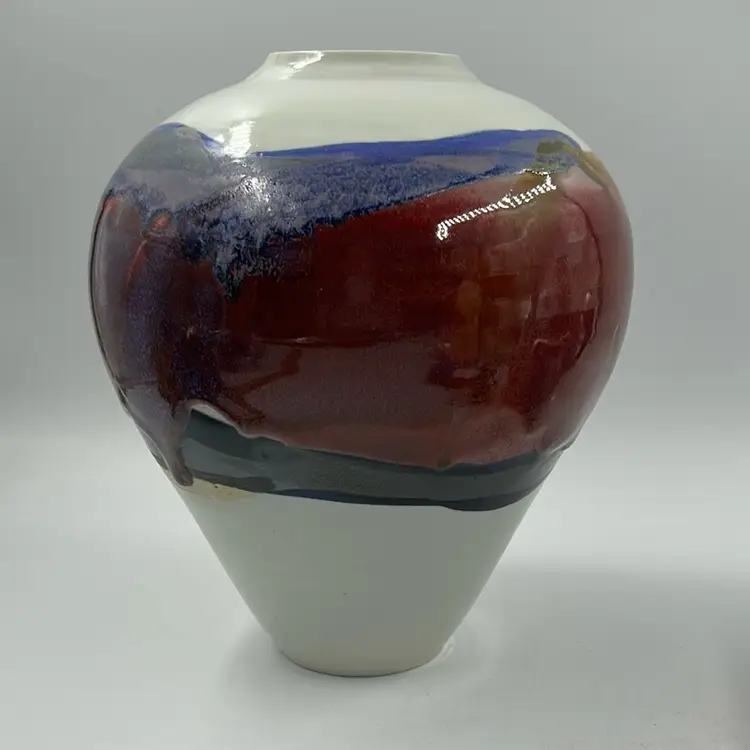 Vintage White With A Multicolored Drip Pottery Vase Signed Peter On Bottom 9.5” Tall  8.5”Wide