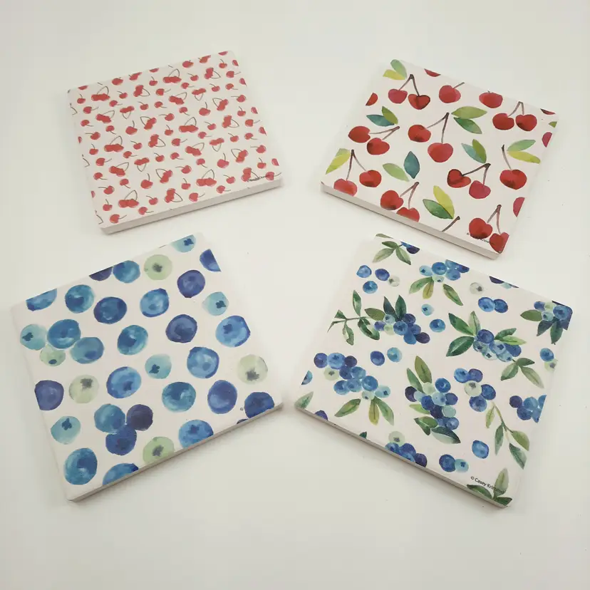 Cherry & Blueberry Fruit Thirstystone Coasters Casey Krimmel Set of 4 New
