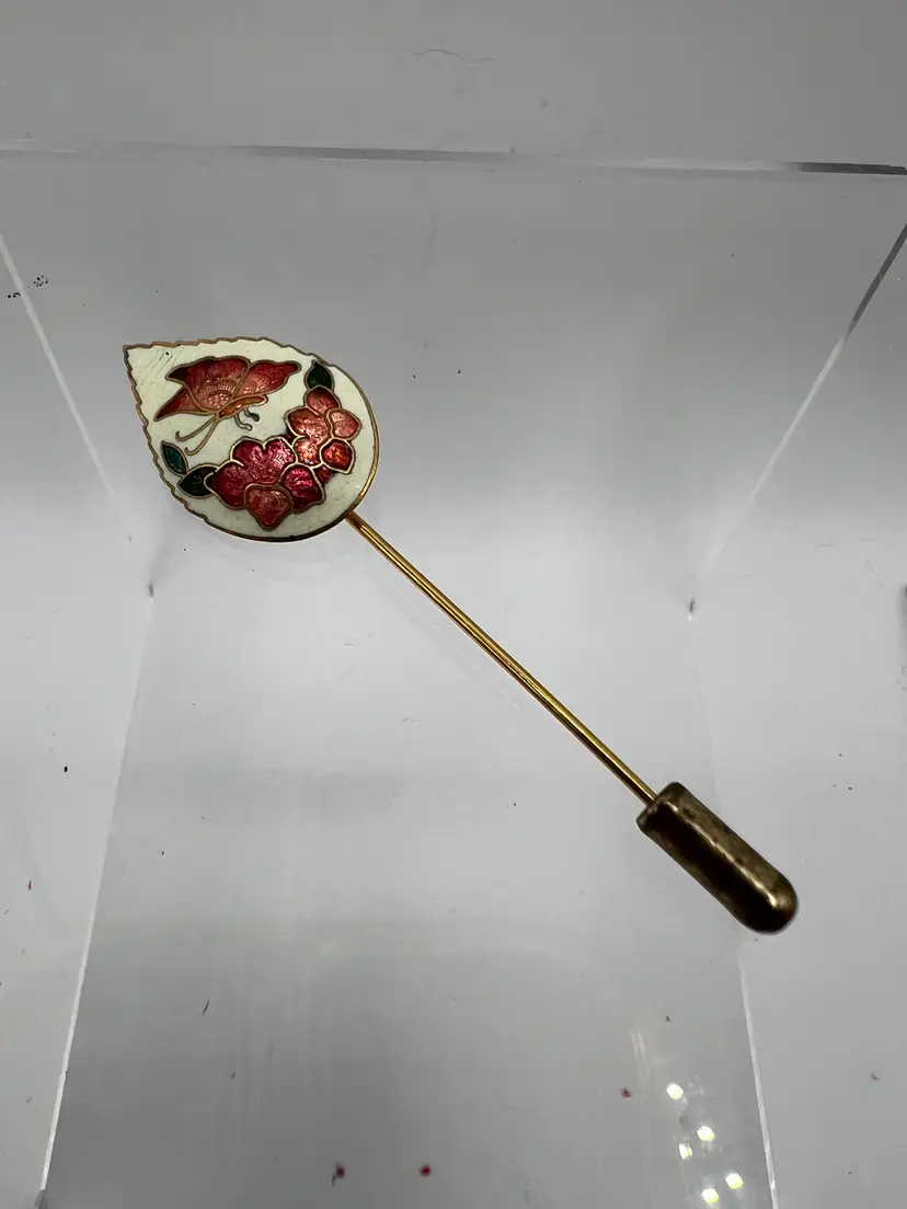 Vintage Cloisonne Butterfly Stick Pin Floral Enamel Gold Tone Hat Lapel Pin