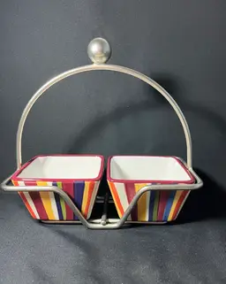 Pampered Chef Simple Additions Square Striped Serving Bowls In Caddy