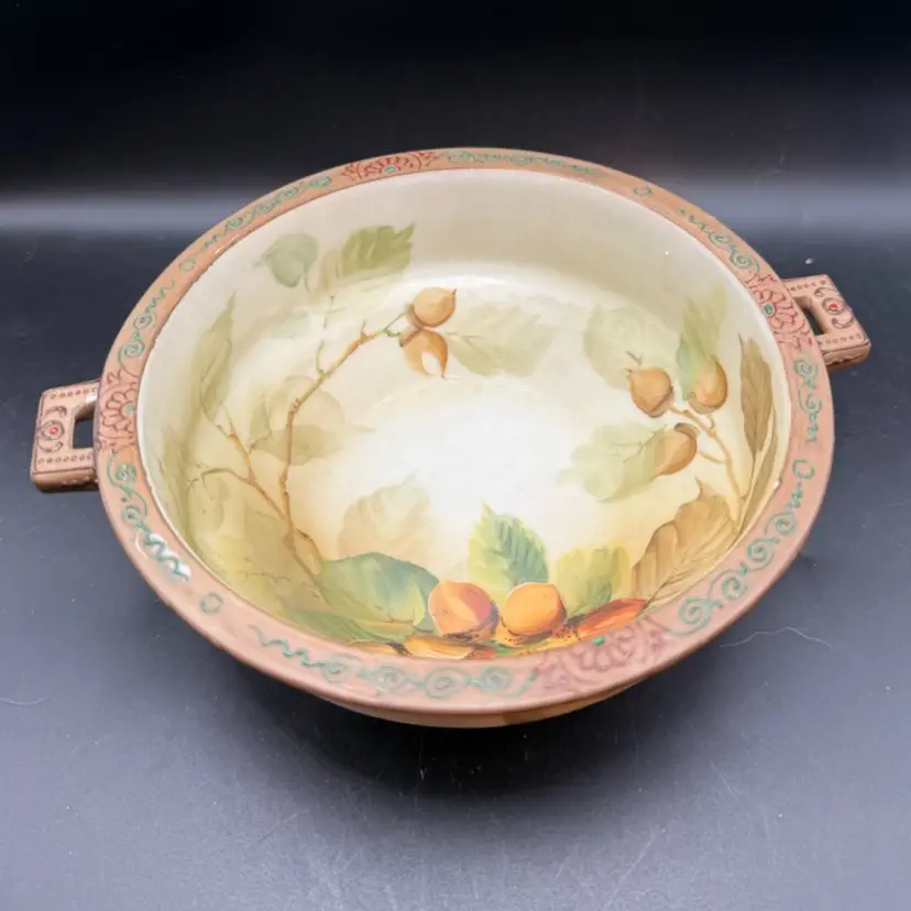 Antique Nippon Moriage Hand-Painted Acorn And Leaf Footed Porcelain Bowl