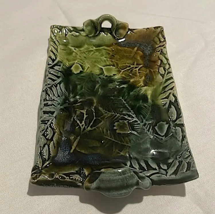 Beautiful, signed, handmade pottery dish, botanical design with handles in greens/brown!