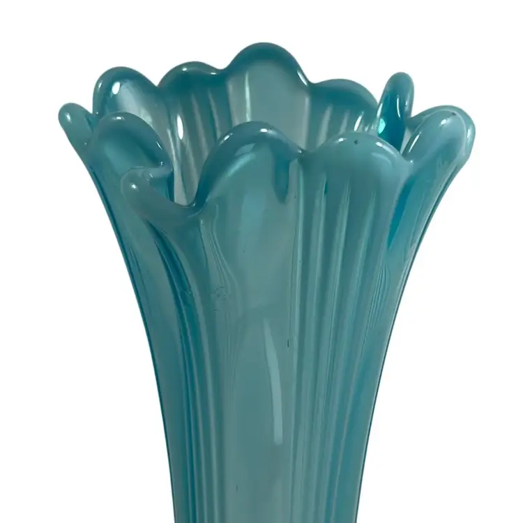 12” Turquoise Vase Ribbed Possibly Northwood Or Fenton