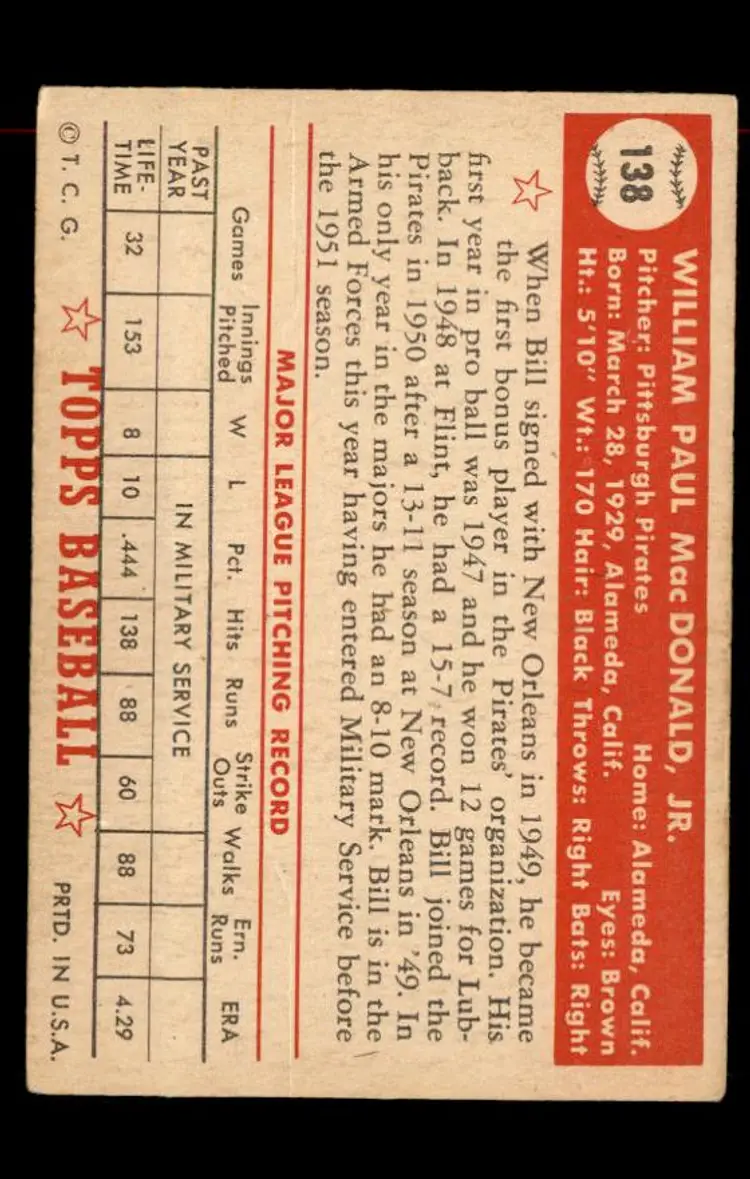 1952 Topps #138 Bill Macdonald - (pk-tl1) - Pittsburgh Pirates