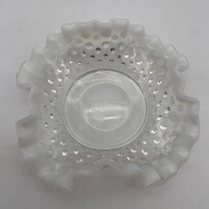 Vintage Fenton White Opalescent Hobnail Ruffled Edge Candy Dish Trinket Dish