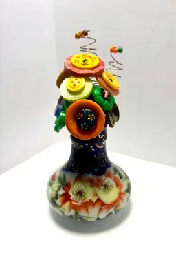 Handmade Vintage Button Flower Bouquets in hand painted Salt and Pepper Shakers