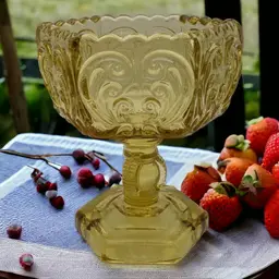 Vintage Imperial Glass Amber Scroll Compote Pedestal Footed Candy Dish Bowl