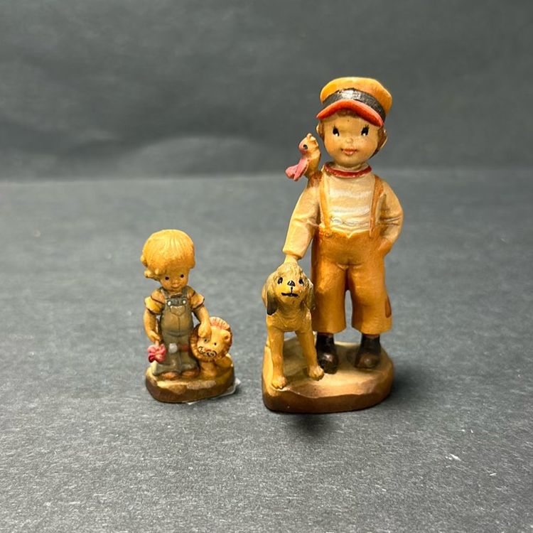 #1495 Vintage, Anri Ferrandiz 3” “High Hopes” Boy with Dog & “Tag Along” Boy with Lion, Sarah Kay Figurine 1.75” Italy