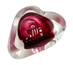 Signed Rollin Karg Art Glass Paperweight Heart Shaped Cranberry Pink Red 2.5”