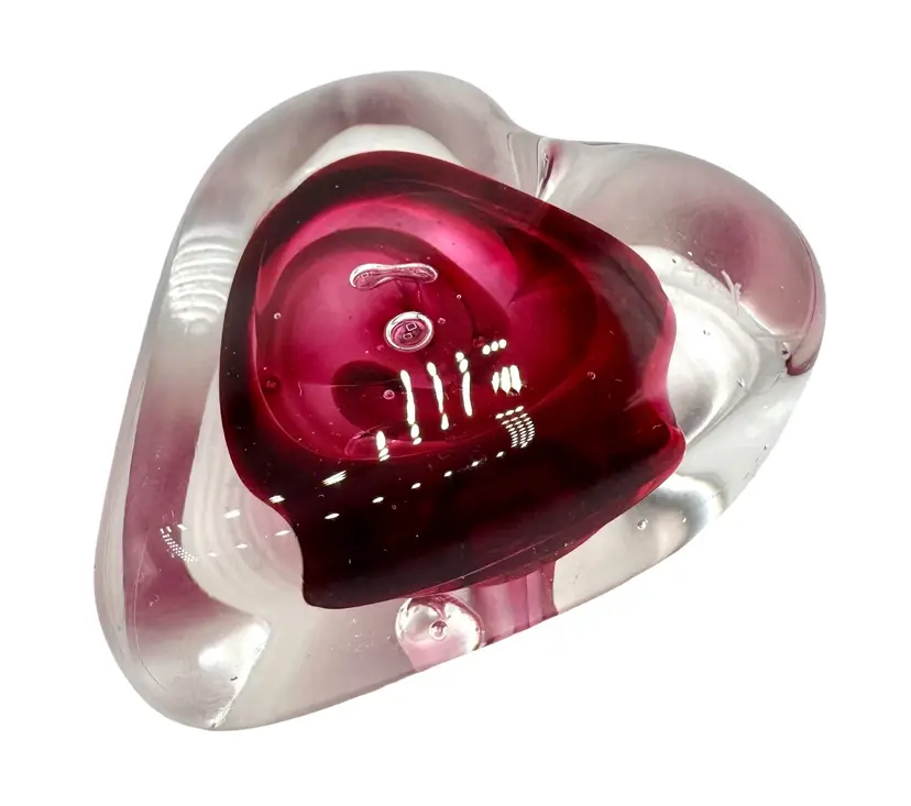 Signed Rollin Karg Art Glass Paperweight Heart Shaped Cranberry Pink Red 2.5”