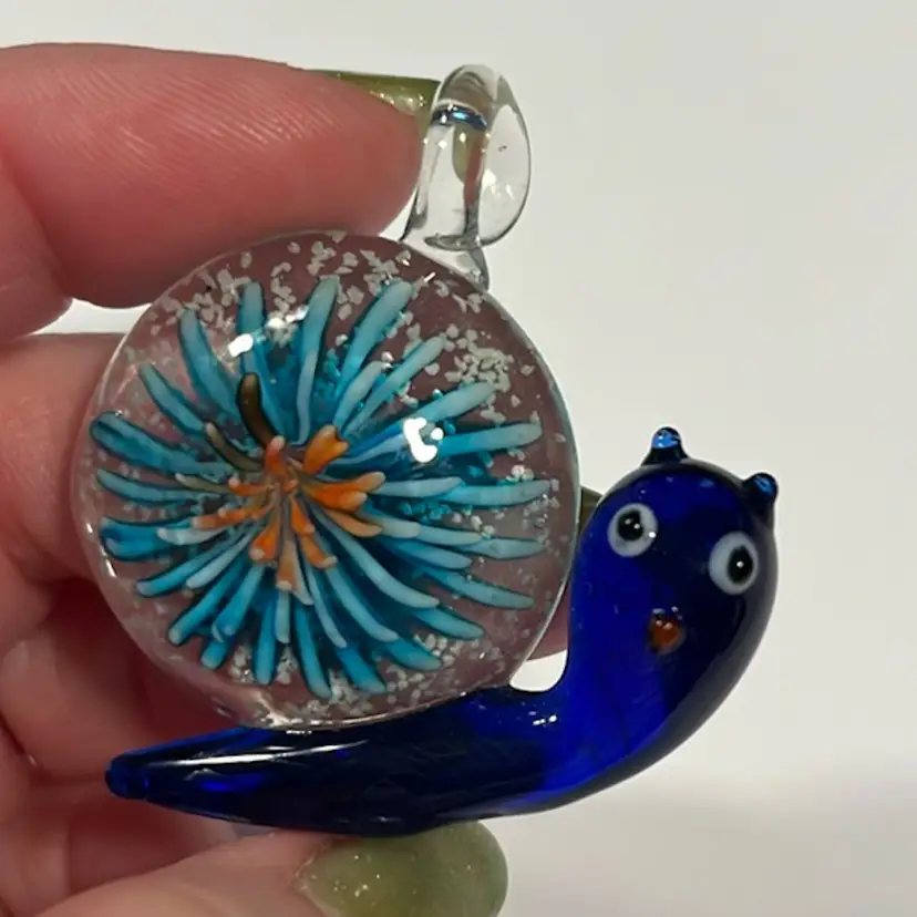 Aqua Burst Floral Glass Snail Pendant | 1.75”