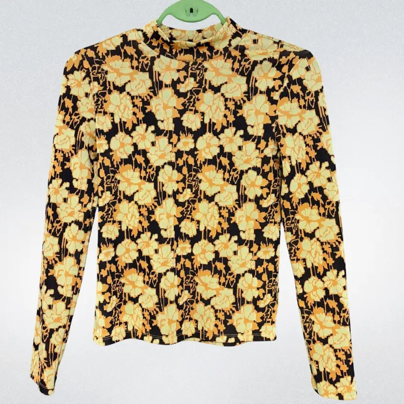 Retro Floral Print Mock Neck Long Sleeve Knit Top Sz S