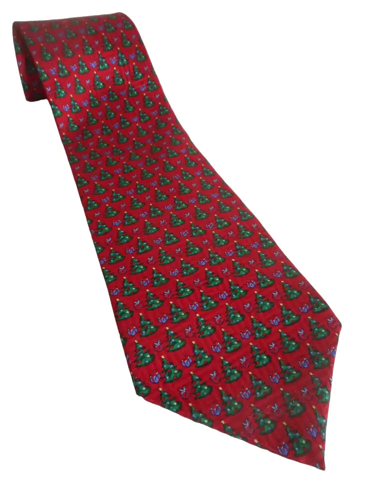 Vintage Red Green 100% Silk Mens Tie Necktie Holiday Christmas Tree