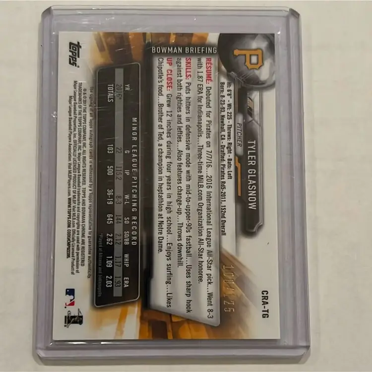 2017 Bowman Chrome Tyler Glasnow Blue Auto /125