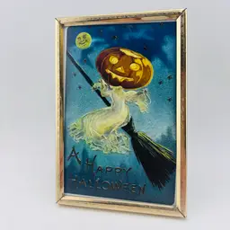 Vintage Inspired Jack O Lantern On Broom Postcard In Vintage Brass Frame 4”x6”