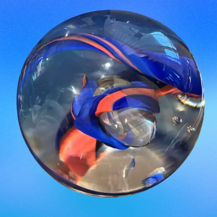 Art Glass Blue/ Orange Swirl Paperweight