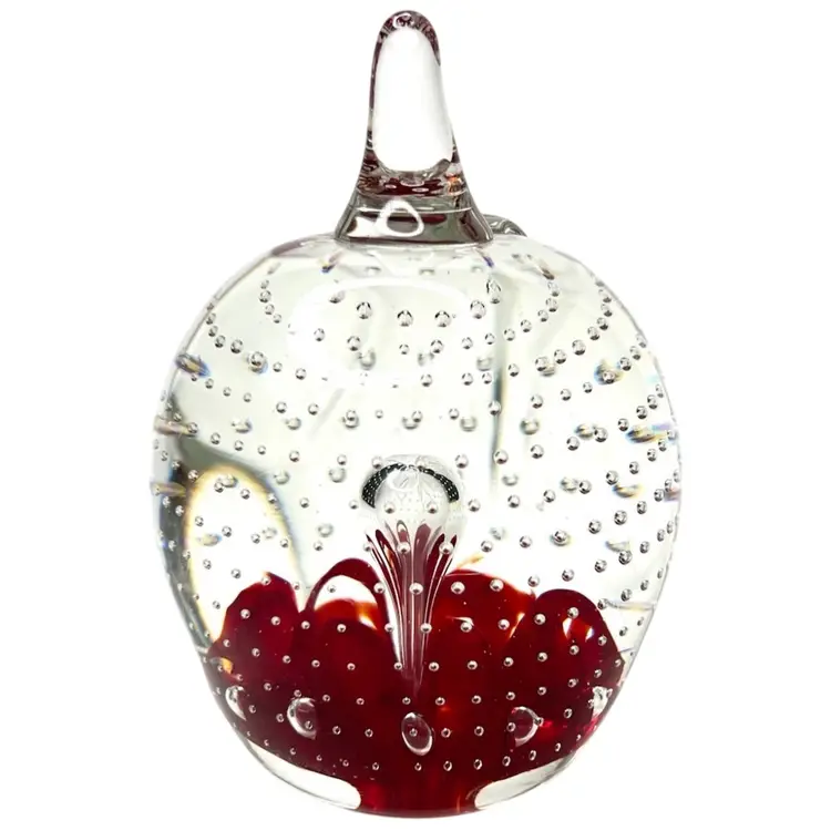 1992 Gibson Art Glass Apple Paperweight. Clear With Controlled Bubbles & Red Interior “Petals”.