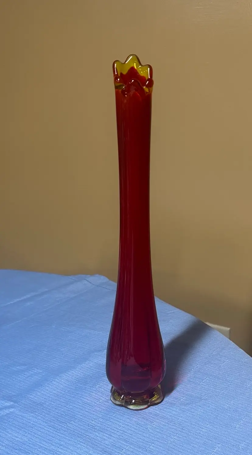 LE Smith 13.5" Ribbed Swung Glass Bud Vase In Flame Amberina GLOWS