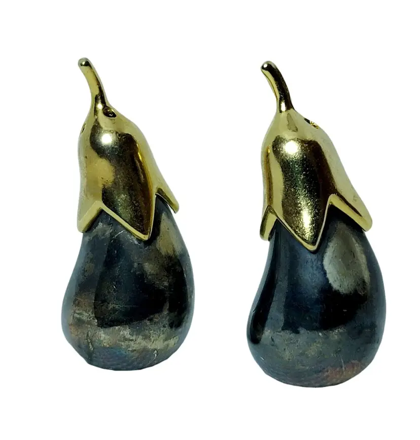 BRASS SILVER EGGPLANT SHAPED SALT & PEPPER SHAKERS VEGGIE COUNTRY COTTAGE DECOR