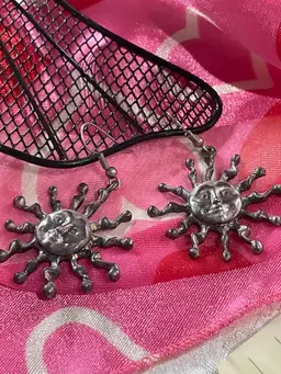 Cast Pewter CELESTIAL SUN Star with Flaring Twisted Rays of Light anf Face Earth Star Pair