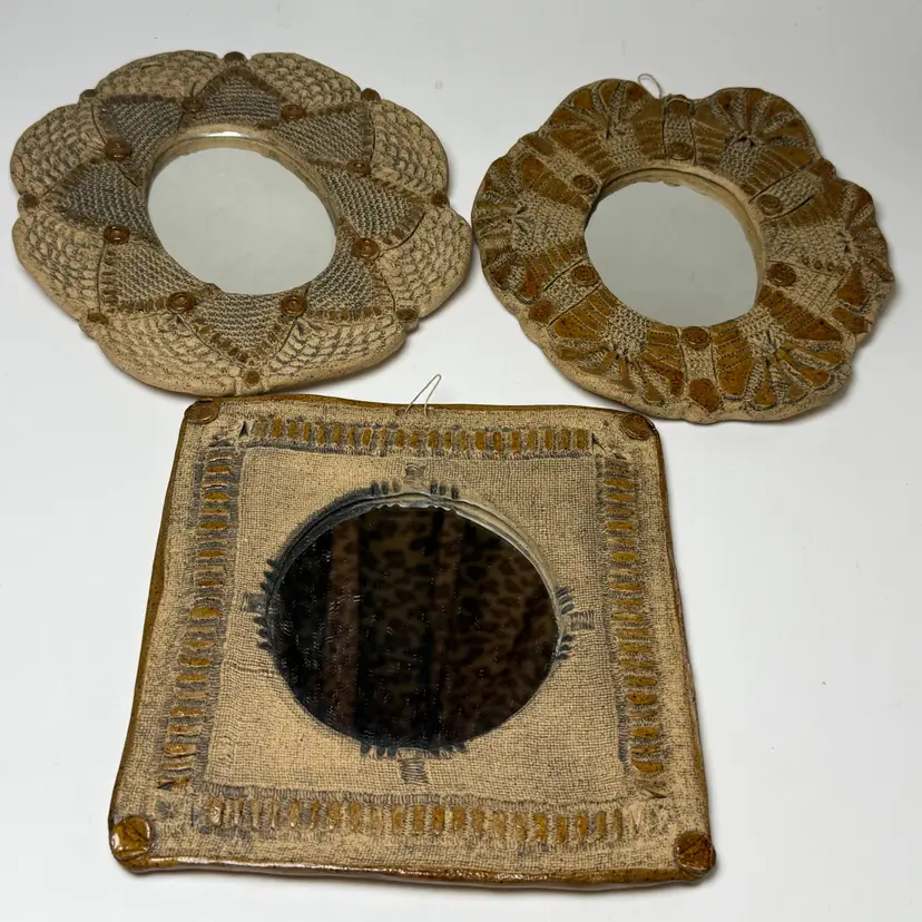 Set 3 Handmade Art Pottery Decorative Wall Mirrors Brown Artisanal Textured Clay