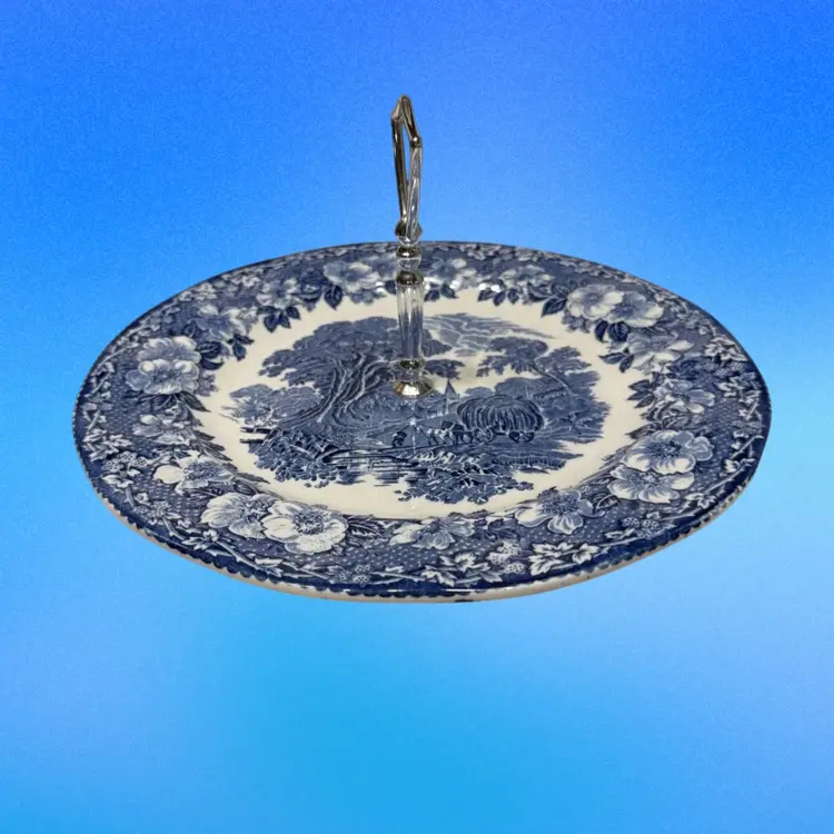 blue and white transfer Plate 11” tid bit tray with silver handle No Chips Or Cracks