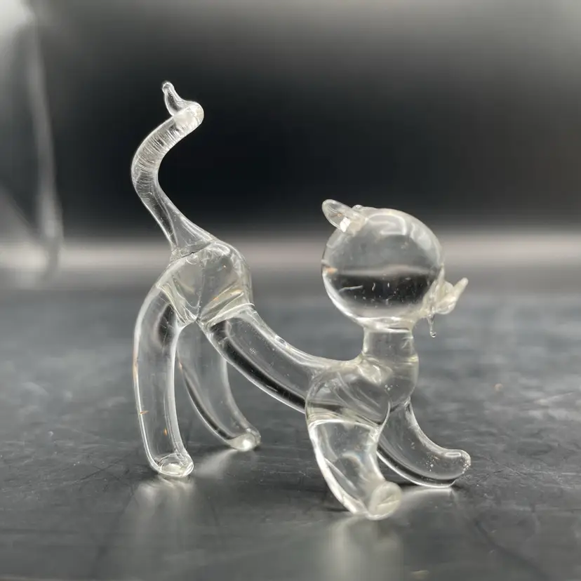 Vintage Miniature Hand Blown Clear Glass Cat With Curled Tail & 2 Whiskers!