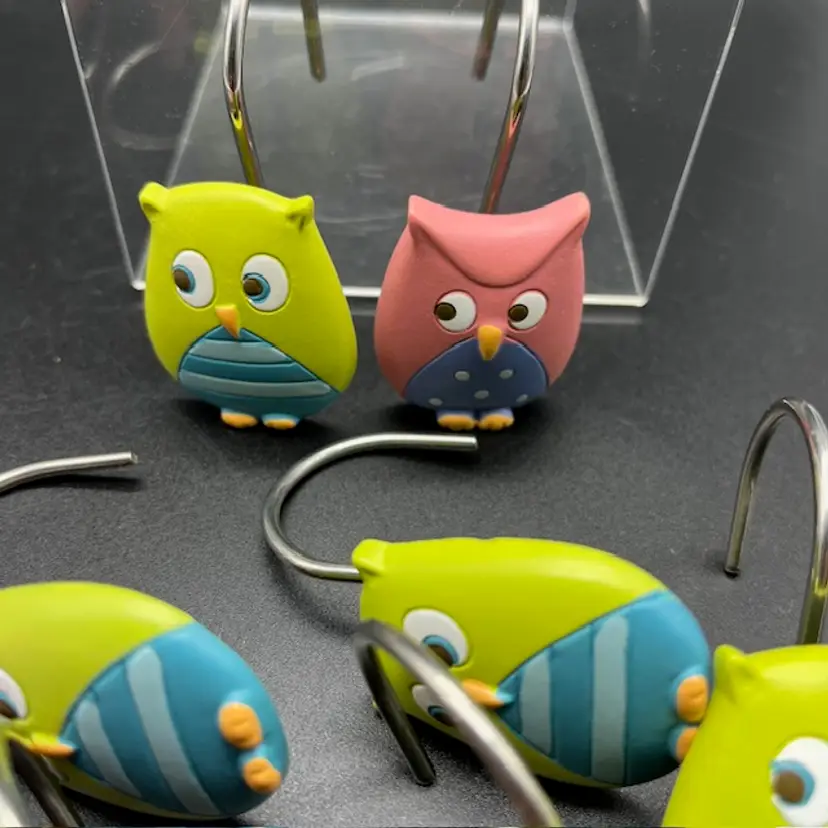Owl Shower Curtain Rings - Green Pink Resin Set of 12 - Metal Hooks