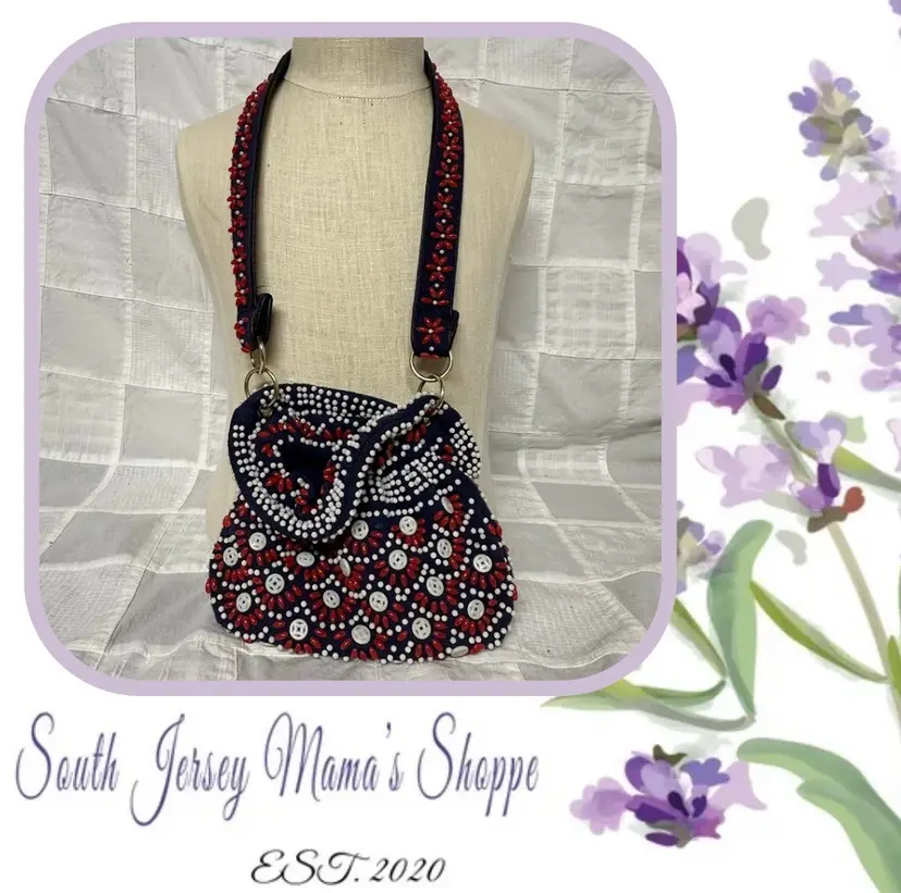 Vintage Beaded Red And Blue Hong Kong Flower Mini Purse