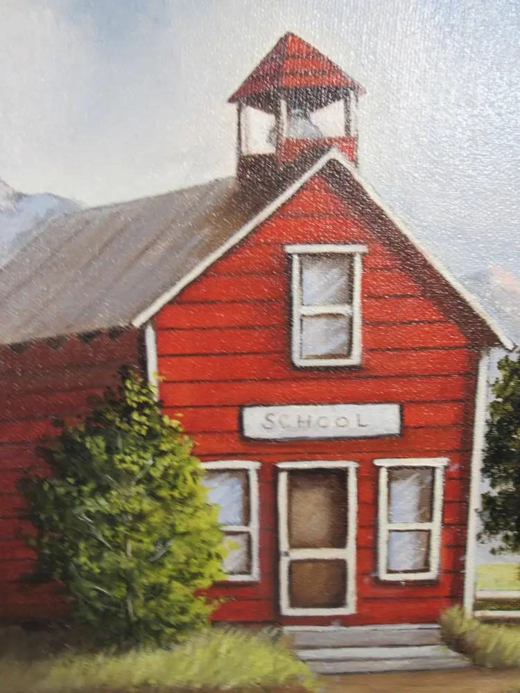 Original Oil Painting 11 x 14 "Little Red School House" Canvas Framed Artist Pat Keely 1990