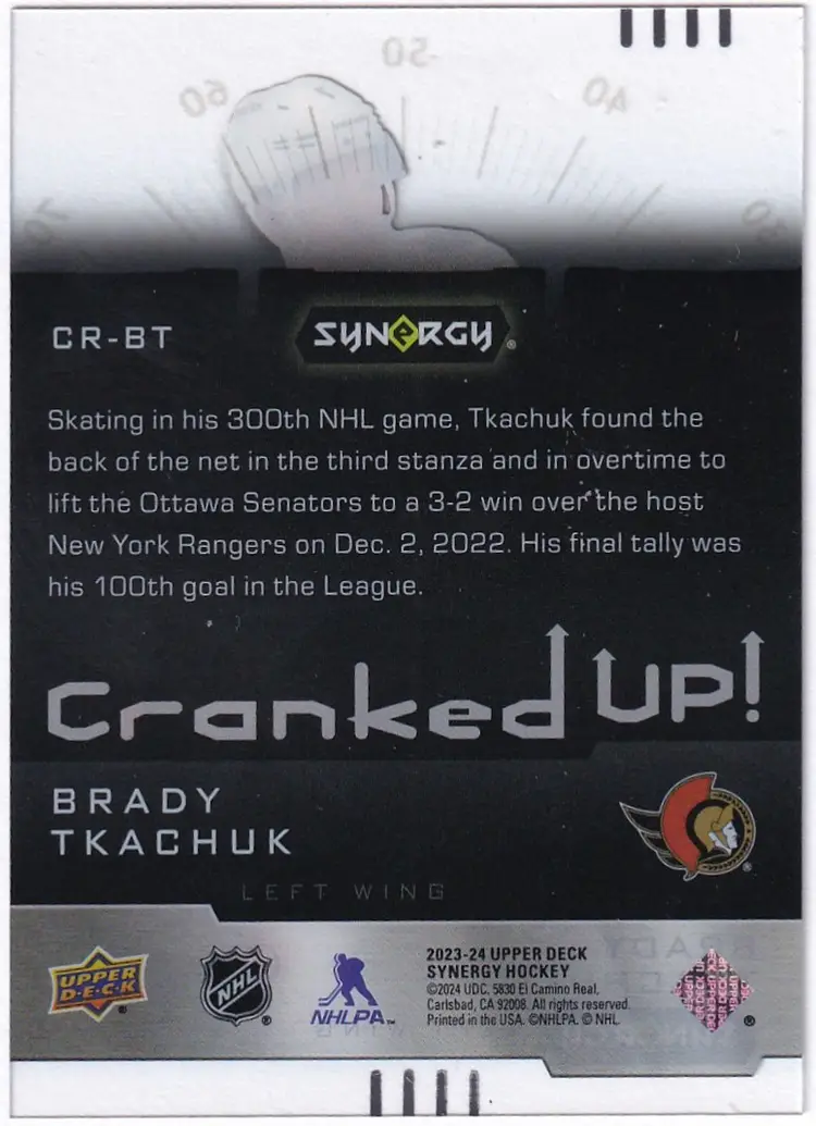 2023-24 Synergy Cranked Up Blue #CRBT Brady Tkachuk Ottawa Senators Hockey Card