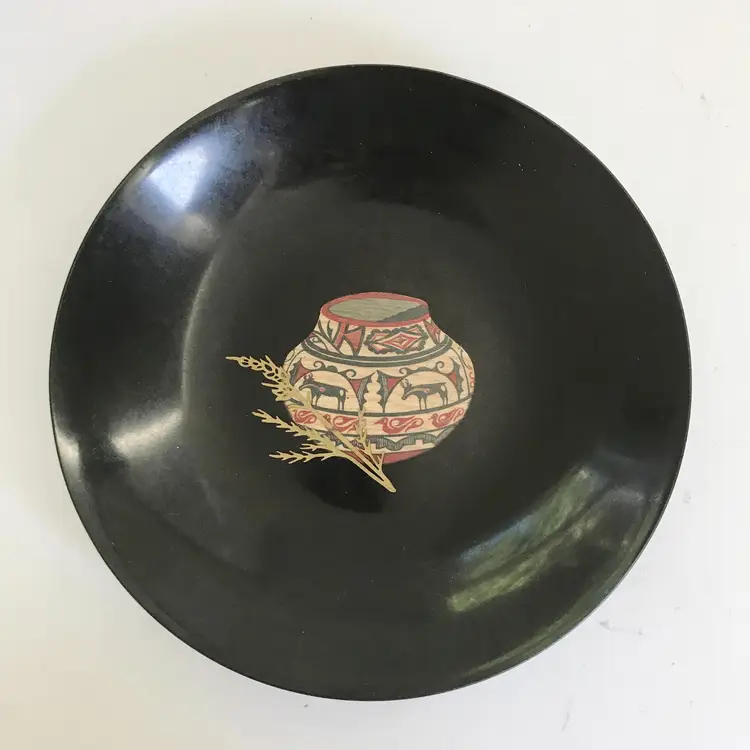 Vintage Couroc Southwestern Vase Pottery Black Resin Gold Inlay Bowl
