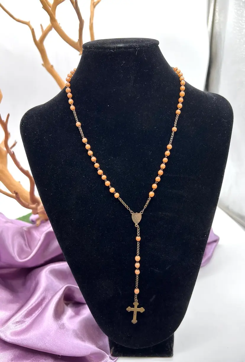 Vintage Orange Peach Beaded Rosary 16” Gold Tone Miraculous Medal