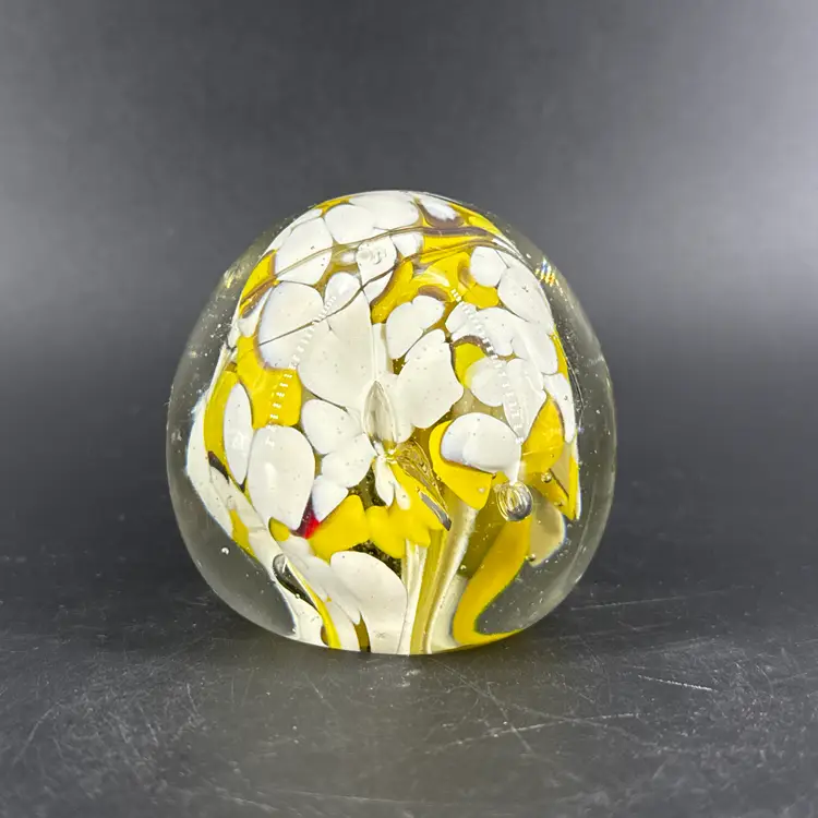 Yellow & White 2.5" Art Glass Paperweight AS IS