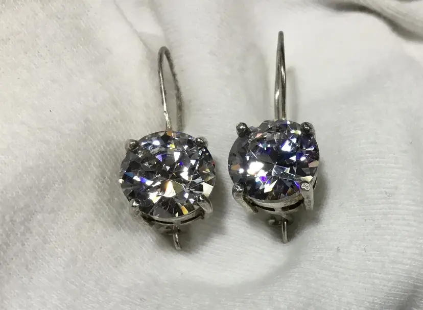 White sparks, earrings, 1.25" sterling, prong set, brilliant cut crystals, wire
