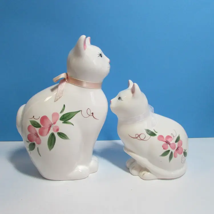 set of 2 vintage cat figures floral design mother and child pair spring decor