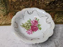 Victorian Porcelain Bowl Serving  Large Roses Hand Painted Scalloped Edge Dinning Table Whiteware  Cottage French Country Castlecore