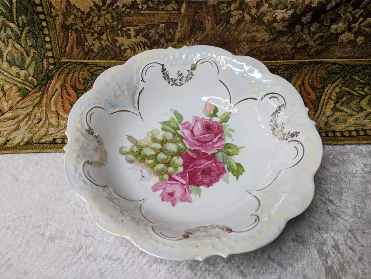 Victorian Porcelain Bowl Serving  Large Roses Hand Painted Scalloped Edge Dinning Table Whiteware  Cottage French Country Castlecore