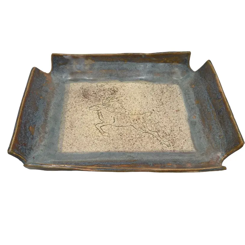 Pottery Dish Trinket Tray With Deer Signed