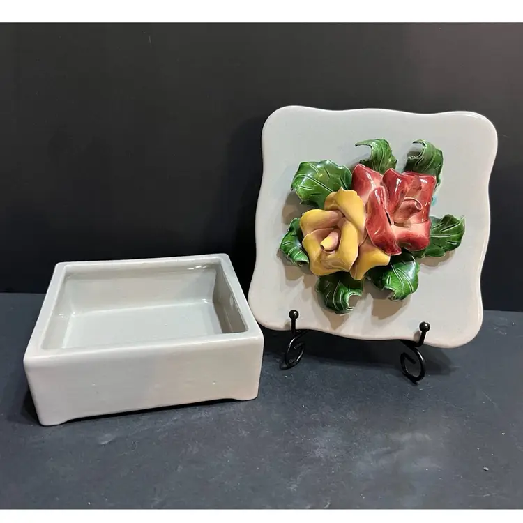 Johannes Brahm California Pottery Roses Gray Vintage Trinket Box ~4” x 6.5” x 6.5”